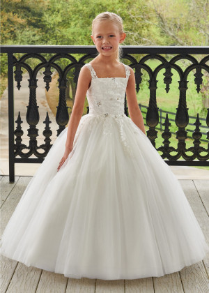 Square Neck Beaded Ivory Lace Tulle Cute Flower Girl Dress